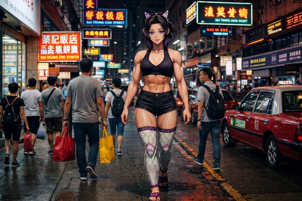 Anime character walking on a busy wet street with neon signs and taxis at night