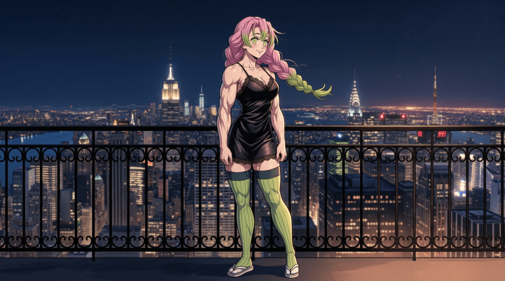 Muscular anime woman with pink and green hair standing on a city balcony at night wearing a black dress and green stockings