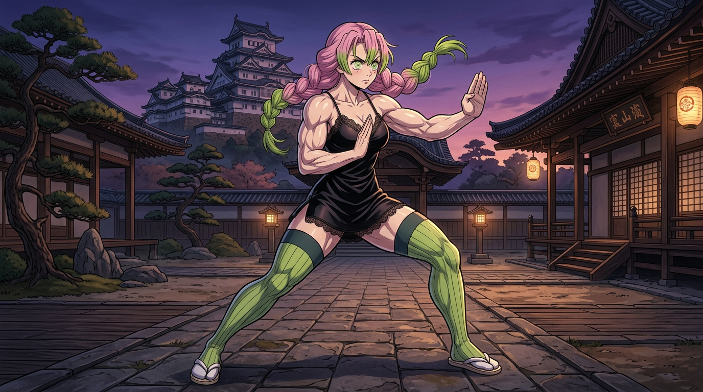 Anime character on night city balcony Muscular anime woman with pink and green hair standing on a city balcony at night wearing a black dress and green stockings