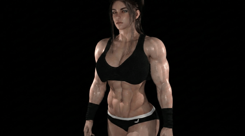 Both arms down at her sides