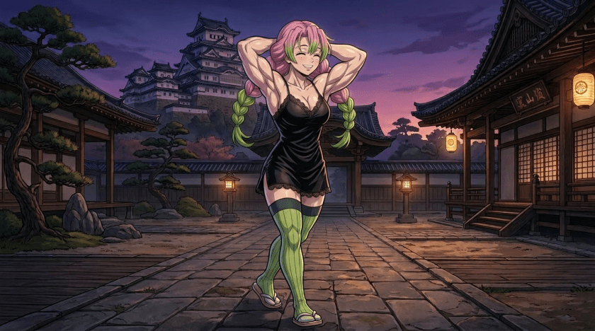 Muscular anime woman with pink and green hair standing on a city balcony at night wearing a black dress and green stockings
