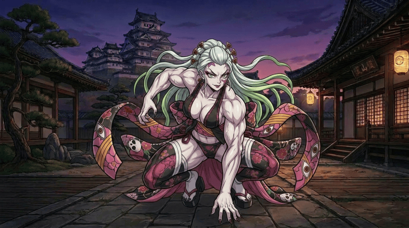 Muscular anime woman with pink and green hair standing on a city balcony at night wearing a black dress and green stockings