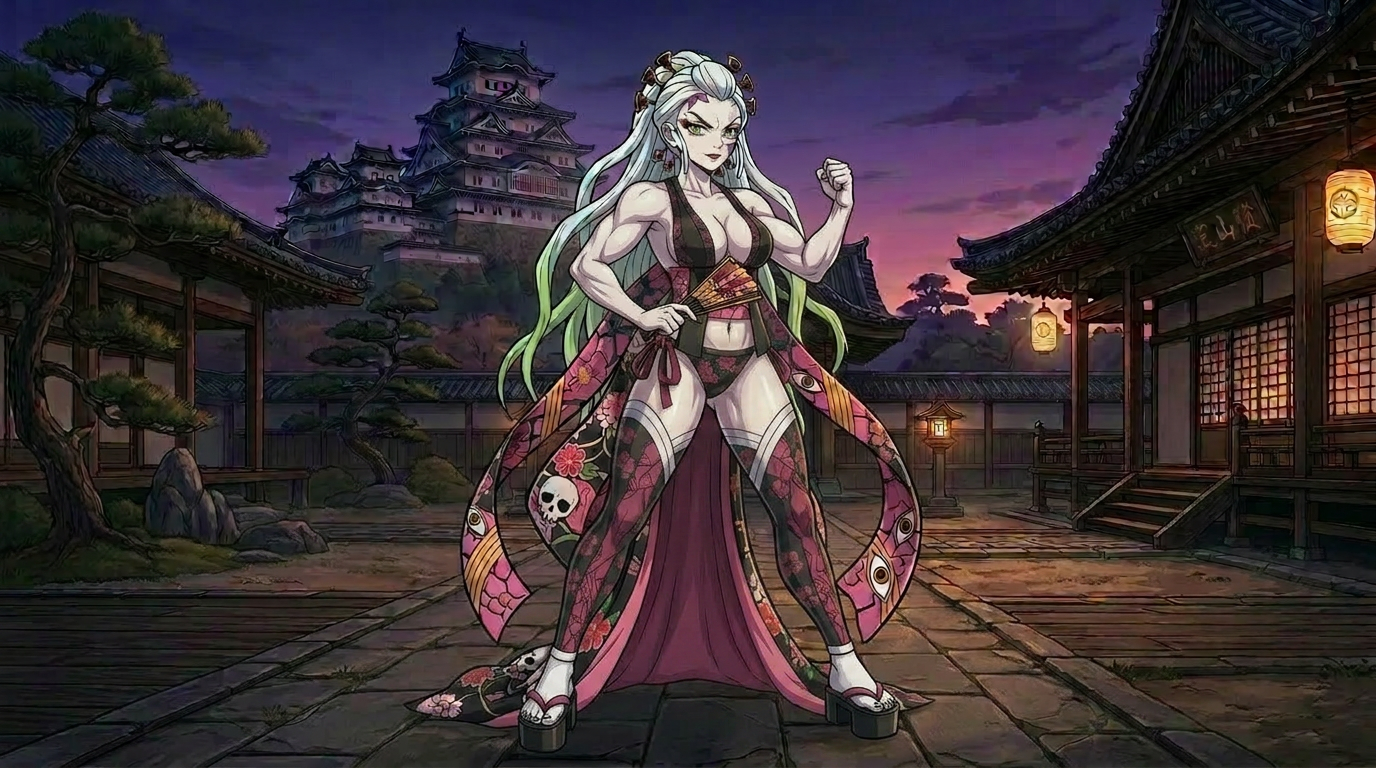 Anime character on night city balcony Muscular anime woman with pink and green hair standing on a city balcony at night wearing a black dress and green stockings