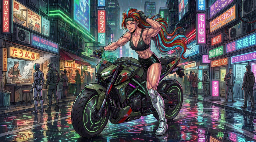 Woman with red hair on futuristic motorcycle in rainy neon city street