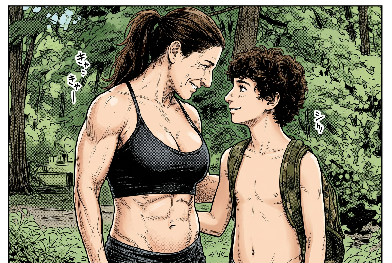 A woman and teenage boy walking and talking on a tree-lined park path