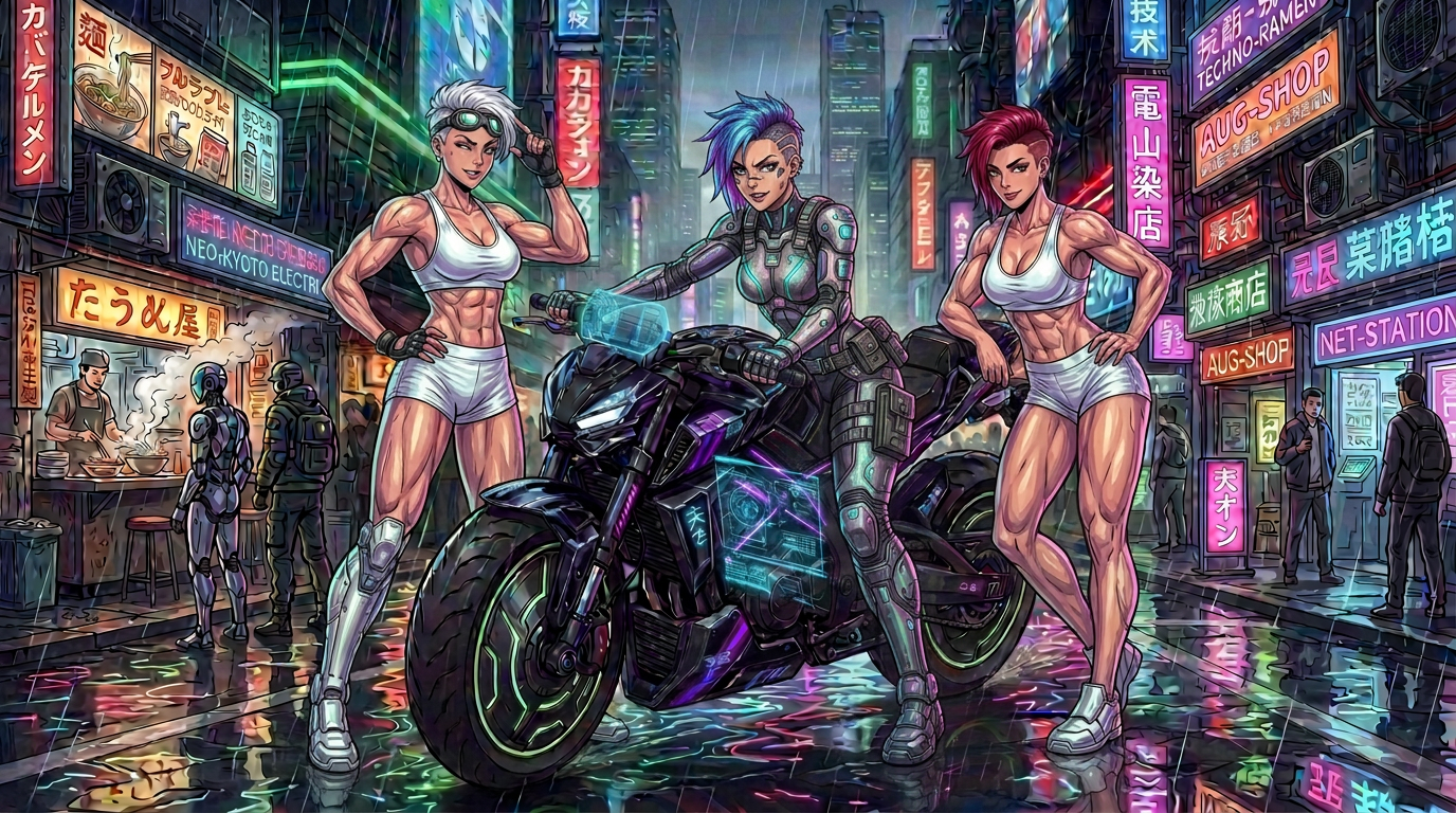 Woman with red hair on futuristic motorcycle in rainy neon city street