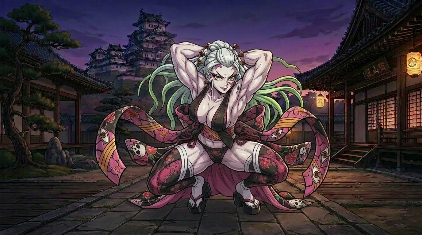 Muscular anime woman with pink and green hair standing on a city balcony at night wearing a black dress and green stockings