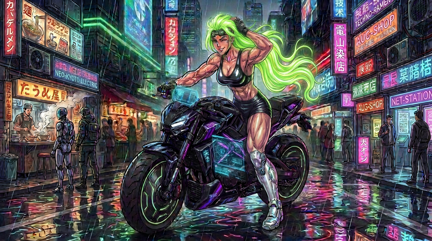 Woman with red hair on futuristic motorcycle in rainy neon city street