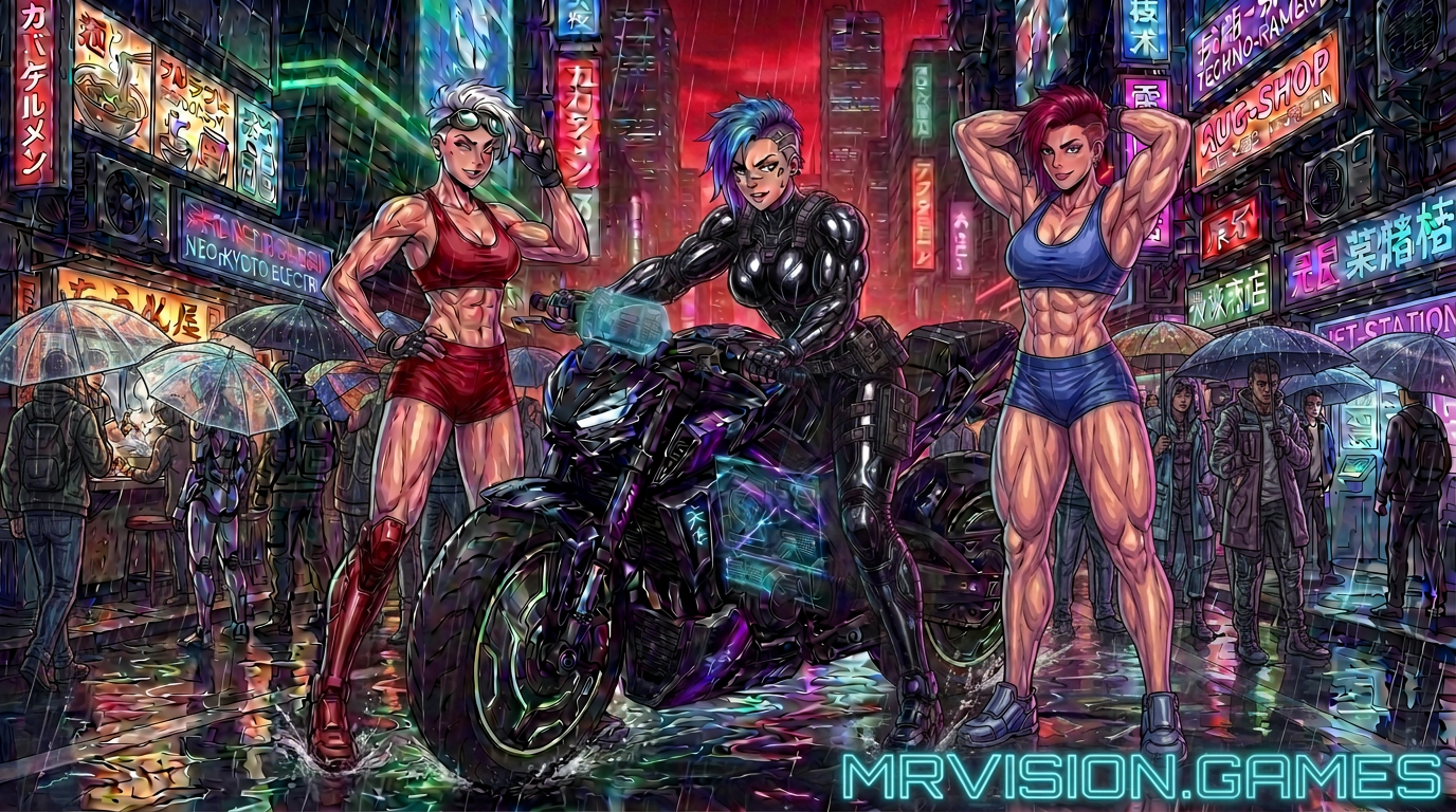 Woman with red hair on futuristic motorcycle in rainy neon city street