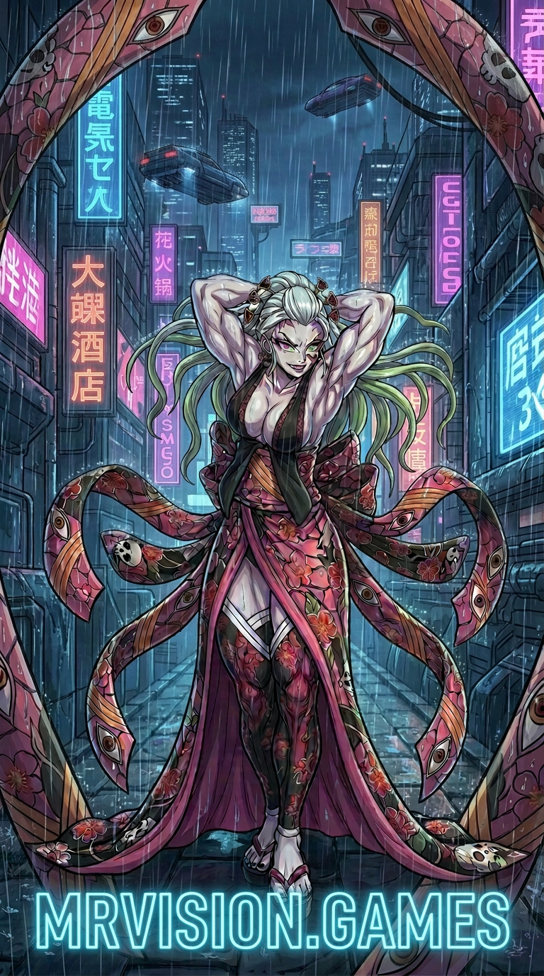 Muscular anime woman with pink and green hair standing on a city balcony at night wearing a black dress and green stockings